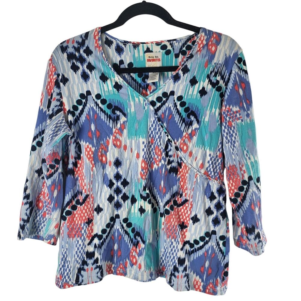 Ruby Rd. Top M Womens V Neck Long Sleeve Multicolor Printed‎ Pullover Blouse